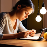 **Prompt:** A person (gender-neutral) sits contemplatively, gazing at an open notebook or a sleek tablet displaying a food diary app. Subtle visual cues of emotional states (e.g., anxiety, calm) and timestamps are integrated into the log. Lightbulb-like insights or connecting lines subtly emanate from the diary, symbolizing self-discovery and the revelation of unexpected patterns in eating habits. The scene is softly lit, evoking introspection and clarity, perhaps in a cozy home environment. Detailed, realistic, thoughtful mood.