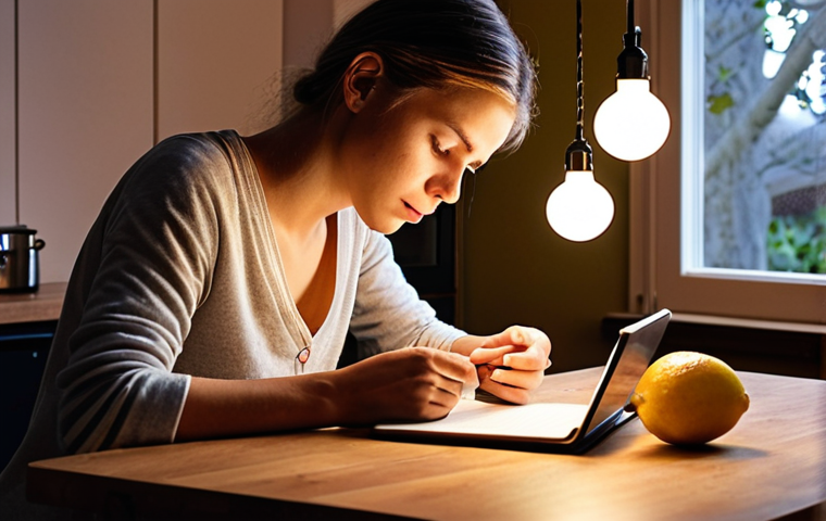 **Prompt:** A person (gender-neutral) sits contemplatively, gazing at an open notebook or a sleek tablet displaying a food diary app. Subtle visual cues of emotional states (e.g., anxiety, calm) and timestamps are integrated into the log. Lightbulb-like insights or connecting lines subtly emanate from the diary, symbolizing self-discovery and the revelation of unexpected patterns in eating habits. The scene is softly lit, evoking introspection and clarity, perhaps in a cozy home environment. Detailed, realistic, thoughtful mood.