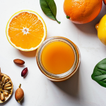 **

A vibrant and inviting flat lay featuring a colorful assortment of immune-boosting foods. Include citrus fruits (oranges, lemons), berries, leafy greens, nuts, seeds, and a jar of homemade kombucha.  The background is a clean, white surface with soft, natural light. The overall aesthetic is healthy, fresh, and appealing to Portuguese readers interested in conscious eating.  Focus on bright colors and textures.

**