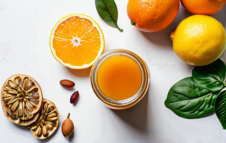 **
A vibrant and inviting flat lay featuring a colorful assortment of immune-boosting foods. Include citrus fruits (oranges, lemons), berries, leafy greens, nuts, seeds, and a jar of homemade kombucha. The background is a clean, white surface with soft, natural light. The overall aesthetic is healthy, fresh, and appealing to Portuguese readers interested in conscious eating. Focus on bright colors and textures.
**