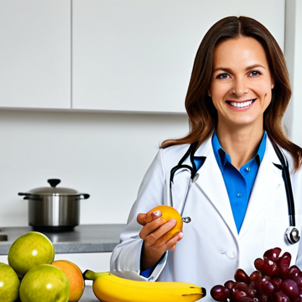 "Professional nutritionist in a bright, modern kitchen, surrounded by colorful fruits and vegetables rich in tryptophan, like bananas, nuts, and seeds. She is fully clothed in a modest lab coat and smiling gently. Appropriate content, safe for work, perfect anatomy, natural proportions, professional photography, high quality, well-formed hands, proper finger count."