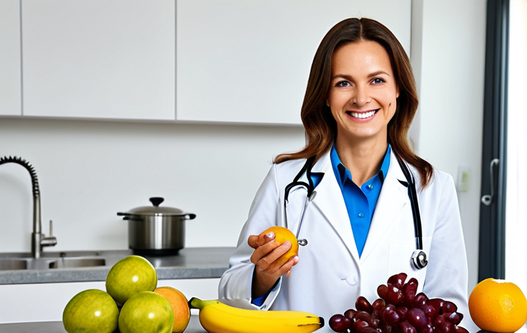"Professional nutritionist in a bright, modern kitchen, surrounded by colorful fruits and vegetables rich in tryptophan, like bananas, nuts, and seeds. She is fully clothed in a modest lab coat and smiling gently. Appropriate content, safe for work, perfect anatomy, natural proportions, professional photography, high quality, well-formed hands, proper finger count."