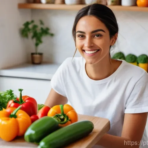 Home 16 맞춤형 영양과 채식의 조화 - A vibrant, close-up shot of a young Portuguese woman, approximately 28 years old, with warm, express...