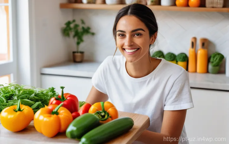 맞춤형 영양과 채식의 조화 - A vibrant, close-up shot of a young Portuguese woman, approximately 28 years old, with warm, express...