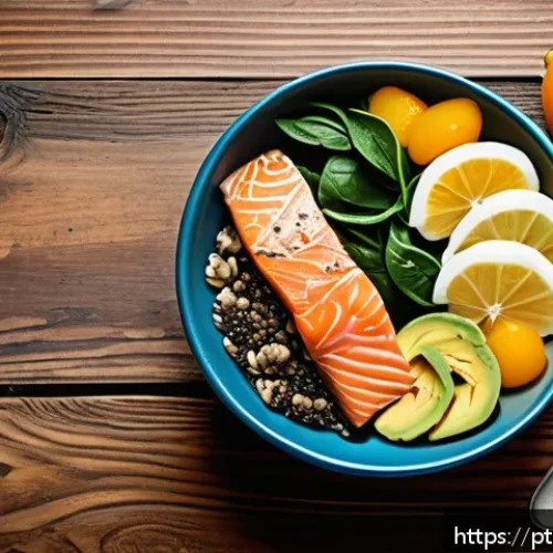 Home 30 정신 건강을 위한 맞춤형 영양 - A vibrant and detailed illustration of a healthy Mediterranean-style meal spread on a rustic wooden ...
