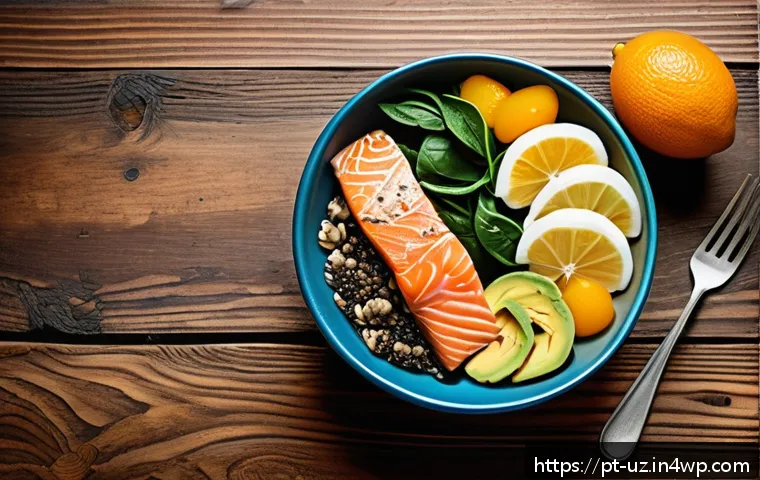 정신 건강을 위한 맞춤형 영양 - A vibrant and detailed illustration of a healthy Mediterranean-style meal spread on a rustic wooden ...
