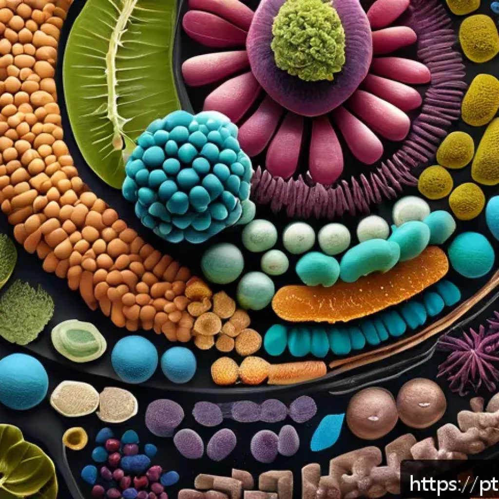 맞춤형 영양과 장 건강의 관계 - A vibrant and detailed illustration of the human gut microbiome ecosystem, showing trillions of dive...