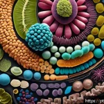 Home 23 맞춤형 영양과 장 건강의 관계 - A vibrant and detailed illustration of the human gut microbiome ecosystem, showing trillions of dive...