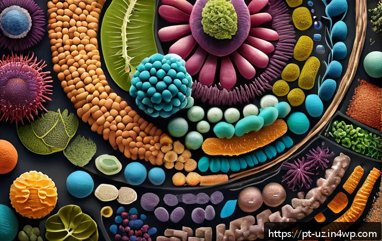 맞춤형 영양과 장 건강의 관계 - A vibrant and detailed illustration of the human gut microbiome ecosystem, showing trillions of dive...