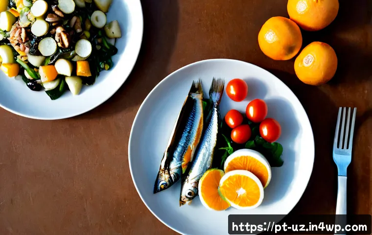 Home 17 심혈관 건강을 위한 맞춤형 식단 - Photorealistic overhead view of a personalized heart-healthy Portuguese-inspired meal on a sunlit ki...